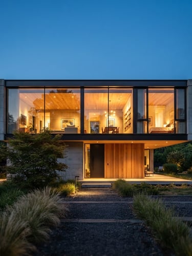 Straight-on architectural photography of a modern minimalist single-family house at dusk, warm golden light glowing from large panoramic windows, clean concrete and wood facade, 35mm lens, shallow depth of field