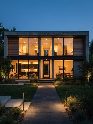 Straight-on architectural photography of a modern minimalist concrete and glass single-family home at dusk, warm interior lighting glowing through large windows, clean lines, 35mm