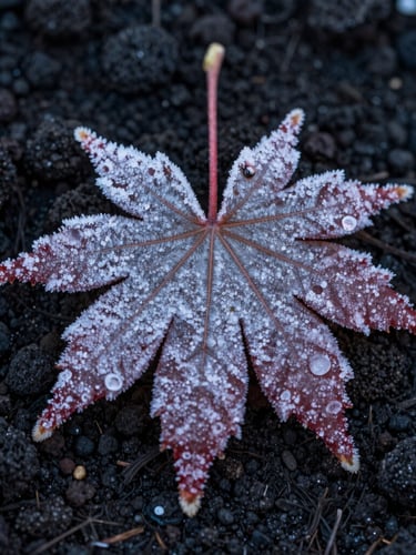 Macro shot of a structural Japanese maple leaf covered in morning frost, cool diffuse winter light, dark volcanic soil background, cinematic 16:9 portrait crop.
