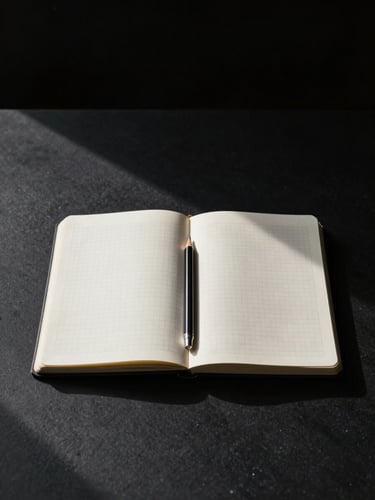 Wide panoramic view looking straight down at a stark black desk surface, a single open sketchbook with geometric grid lines visible, one mechanical pencil casting a long directional shadow across the page, deep black background, extreme contrast studio lighting from the upper left, no people, no clutter