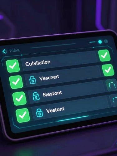 A high-contrast screenshot of a game account verification interface on a futuristic tablet, showing green checkmarks for completed steps and secure data encryption icons. Dark cybernetic digital render, electric cyan and neon purple glow.