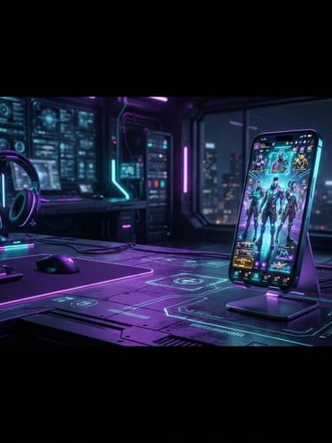 Wide panoramic shot of a mobile gaming setup at night, with a smartphone displaying a game lobby UI with rare skins on the right third, glowing neon purple and cyan light emanating from the screen, digital grid patterns on a dark surface, expansive dark background, dark cybernetic digital render, neon purple and cyan glow, sharp high-contrast game UI, futuristic gaming aesthetic
