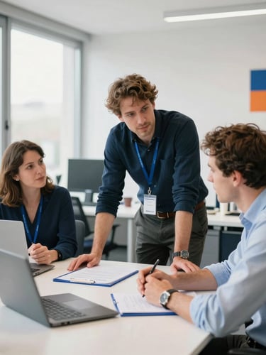 Authentic workshop discussion in a bright regional French SME office, Stéphane Rudolf advising a business owner, natural morning light, clean corporate blue details, 35mm