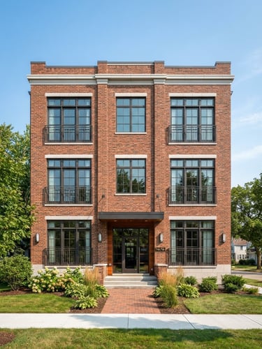 Straight-on architectural view of a renovated brick multi-family property in Royal Oak, bright natural daylight, clean sky