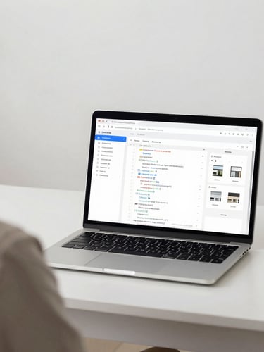 An over-the-shoulder view of a modern digital workspace in Detroit, a laptop displaying clean web code and real estate wireframes, bright neutral office light