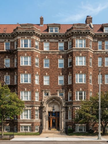 A bright architectural view of a classic Detroit brick residential building, sharp focus, clean daylight, 35mm lens.