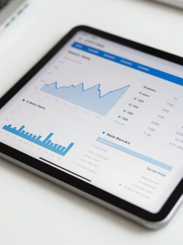 Close-up of a professional digital workspace, a tablet displaying financial reporting charts and rent collection metrics, clean desk, daylight, 35mm lens