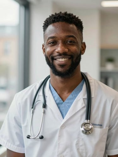 A warm, natural light portrait of a Black male clinician in a modern London clinic, wearing professional medical attire, smiling reassuringly, shallow depth of field, 35mm