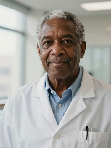 Dignified portrait of a senior Black male medical director in professional attire, warm natural window light, soft focus background of a modern clinical office, 35mm.
