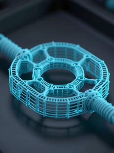 Macro close-up of a high-fidelity 3D digital model in slicing software, showing bright cyan support structures and perfect manifold wireframe geometry, dark moody atmosphere, octane render.