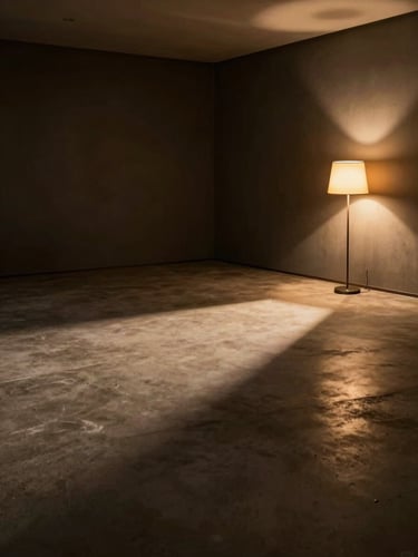 Wide panoramic empty sensory room, low warm amber practical light from a floor lamp to the right, bare dark walls, long shadows stretching left across textured concrete floor — cinematic editorial still