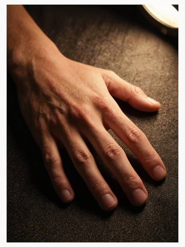 Extreme close-up of a hand resting on a textured dark linen surface, warm amber light raking across the fabric from a single off-screen practical lamp, deep shadows pooling at the edges, editorial and tactile