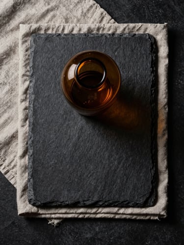 Overhead flat-lay of a minimal sensory arrangement: rough linen fabric folded over dark slate, a single amber glass vessel catching warm side-light, deep shadows at the edges — editorial texture study, no people, art film stillness