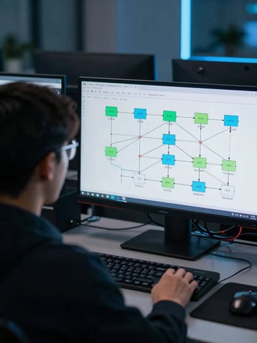Over-the-shoulder shot of a technical classroom, student analyzing complex network topology diagrams on high-contrast monitors, low-key ambient lighting with electric blue accents, sharp focus, 35mm