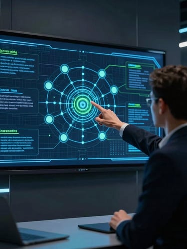 An over-the-shoulder shot of a cybersecurity instructor pointing at a complex network topology diagram on a large display in a dark modern classroom, neon blue accents