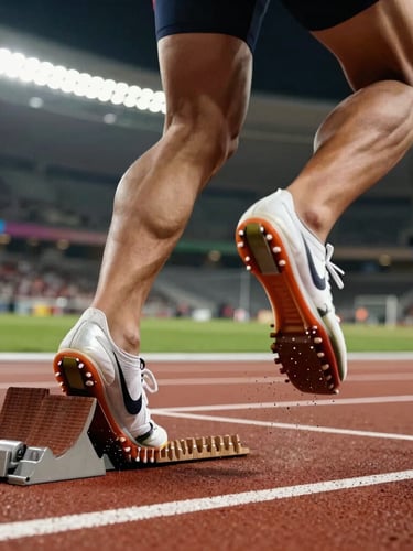 Extreme close-up of a sprinter's feet exploding from starting blocks, track dust kicked up in mid-air, harsh stadium lighting, high contrast.