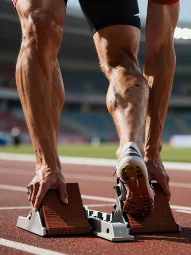 Extreme close-up of a sprinter's starting block moment, high-contrast stadium lighting, sharp focus on the tension, deep shadows.