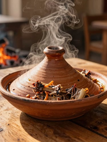 Steam rising from a traditional clay-pot lamb tajine on a rustic wooden table, low-angle golden-hour sun, warm editorial food photography
