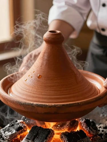Close-up shot of a chef's hands lifting a steaming clay-pot tajine, rich terracotta colors, warm golden-hour light filtering through a window, shallow depth of field