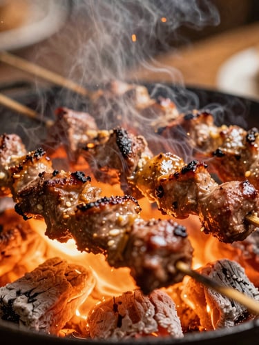 Tight sensory close-up of sizzling mixed kebabs over glowing charcoal embers, sparks flying, warm amber tones, 35mm film style