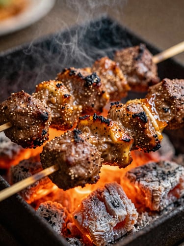 A tight, sensory close-up of sizzling mixed kebabs over glowing charcoal embers, rich amber and terracotta tones, shallow depth of field, 35mm film