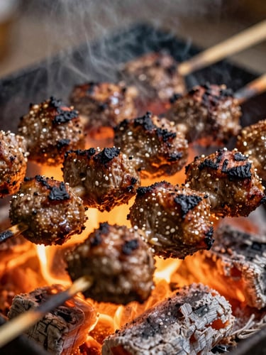 Tight sensory close-up of charred lamb kofta skewers sizzling on open charcoal flames, glowing embers, warm amber light, shallow depth of field, 35mm film