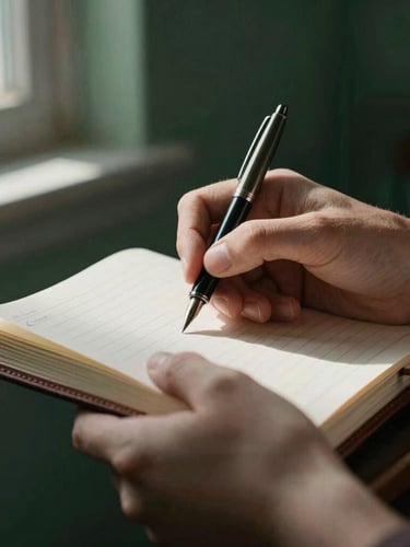 Close-up of hands reviewing a leather-bound ledger with a fountain pen, soft directional window light creating scholarly shadows, muted deep crimson and forest green tones, 35mm, shallow depth of field