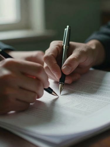 Close-up of hands reviewing physical documents with a fountain pen on heavy paper, soft directional window light, scholarly shadows, 35mm, shallow depth of field.