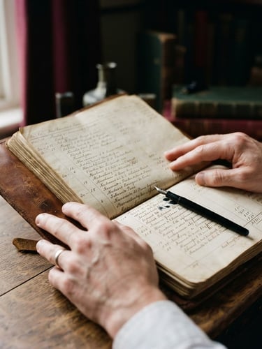 Close-up of hands reviewing a leather-bound ledger under soft window light, a fountain pen resting on heavy parchment paper, scholarly shadows, editorial heritage photography.