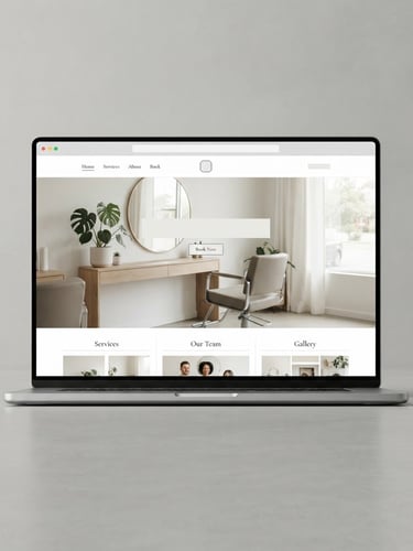 Minimalist clean browser mockup showing a local salon website, bright studio lighting, neutral grey background, sharp focus