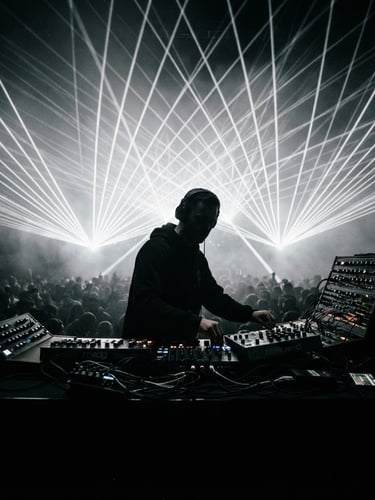 Low-angle heroic shot of DJ DINMAN behind analog synthesizers, silhouette against intense monochromatic laser beams cutting through heavy haze, 35mm film, dark cinematic concert photography
