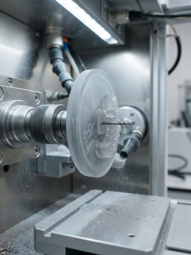 Macro shot of a G-Cam polymer disc mounted inside a high-precision CAD/CAM milling machine, bright laboratory lighting, sharp focus on the translucent grey structure, sterile medical aesthetic.