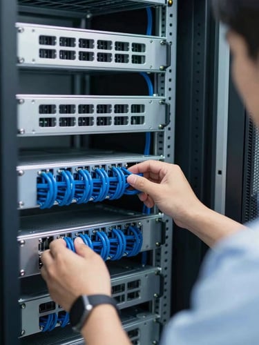 Close-up of a professional technician in uniform managing clean server racks with immaculate blue structured cabling, cool-toned server room lighting, 35mm