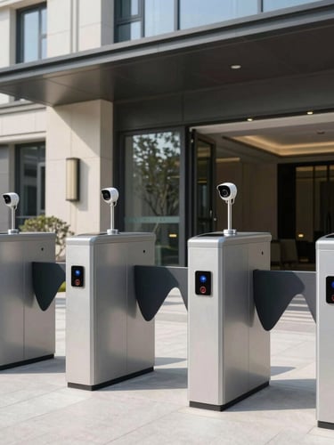 Modern residential condominium entrance with automated access control turnstiles, sleek security cameras, bright daylight, professional architectural photography, 35mm
