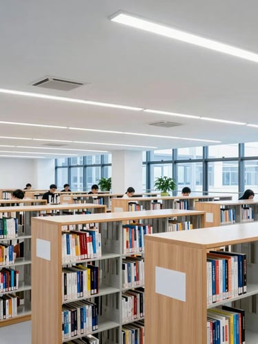 A bright modern university library with students working, clean architectural lines, high-density wireless access points visible on the ceiling, professional technical aesthetic, 35mm