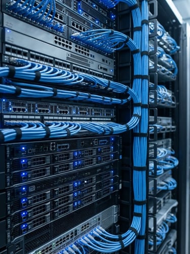 Close up of immaculate server rack with blue status lights and neat ethernet cable management, bright cool-toned daylight, professional technical aesthetic, 35mm