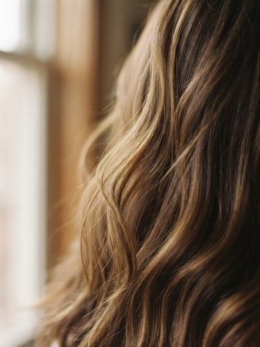 Close-up of soft textured brown hair with subtle golden highlights, captured in warm natural window light, shallow depth of field, professional 35mm film look