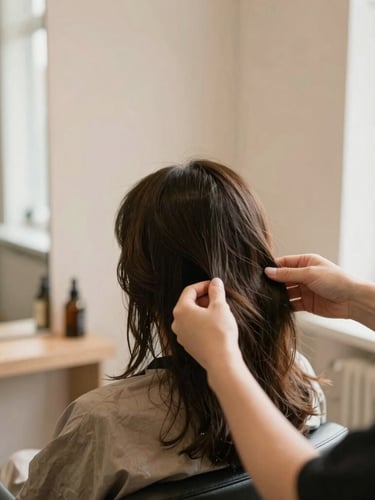 Stylist hands gently analyzing natural hair texture, warm sunlit minimalist salon interior, soft beige tones, professional 35mm film look