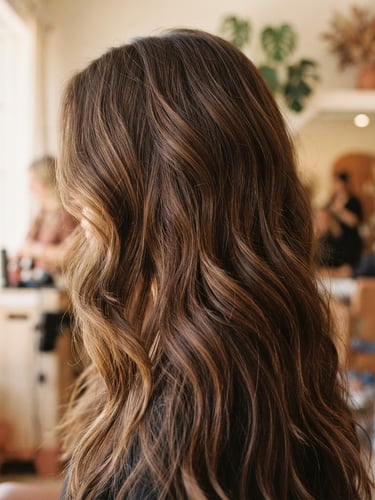 Close-up of natural textured wavy hair, warm sunlit salon background, soft daylight, professional 35mm film look