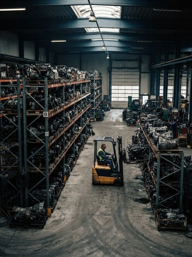 Wide environmental shot of a massive, organized automotive dismantling warehouse with high steel shelves full of sorted engines and gearboxes, low-key industrial lighting, dramatic shadows, 35mm film style