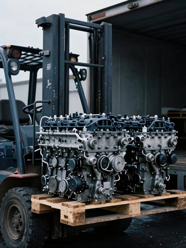 Close-up of a forklift loading a wooden pallet stacked with tested, clean car engines onto a transport truck, overcast outdoor yard lighting, steel blue tones