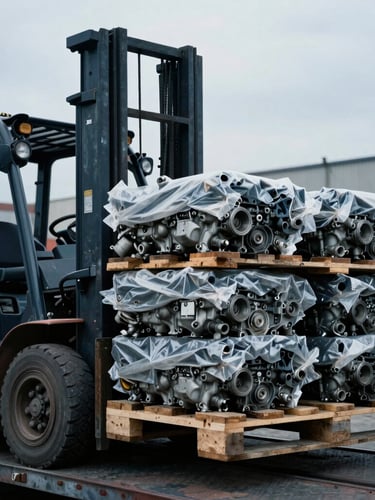 Close-up of a forklift loading heavy wooden pallets containing wrapped used engines onto a flatbed truck, overcast sky, gritty industrial yard background, steel blue color grading.