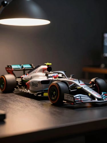 A high-fidelity 1:18 Formula 1 scale model miniature displayed proudly on a sleek dark office desk, warm ambient desk lamp highlight, technical background, dramatic reflections.