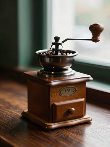 Warm editorial photography of a vintage coffee grinder on a dark wooden counter, soft window light, rich coffee brown tones, shallow depth of field