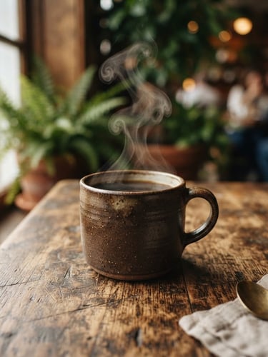 Warm editorial photography of a steaming cup of coffee on a rustic wooden table, soft window light casting gentle shadows, rich coffee brown tones, shallow depth of field.