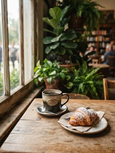 Warm editorial photography of a cozy corner in Cafe Louisiane, soft window light highlighting a steaming ceramic mug of black coffee and a freshly baked pastry on a rustic wooden table, deep green leafy plants in the background, shallow depth of field