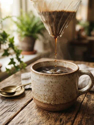 A medium close-up of steaming slow-drip coffee pouring into a ceramic mug on a rustic wooden table, warm morning window light, shallow depth of field, rich coffee brown tones.