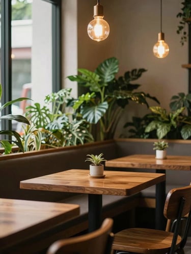 Cozy corner of a modern Malaysian cafe with lush green indoor plants, warm overhead pendant glow, empty wooden tables waiting for guests, warm editorial style.