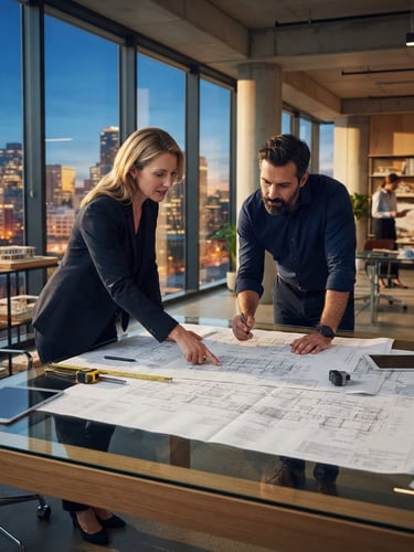 Wide-angle view of two professionals in a modern, sunlit office, reviewing architectural blueprints on a glass table, emphasizing collaboration and detailed analysis, crisp daylight, deep blues and warm gold accents.