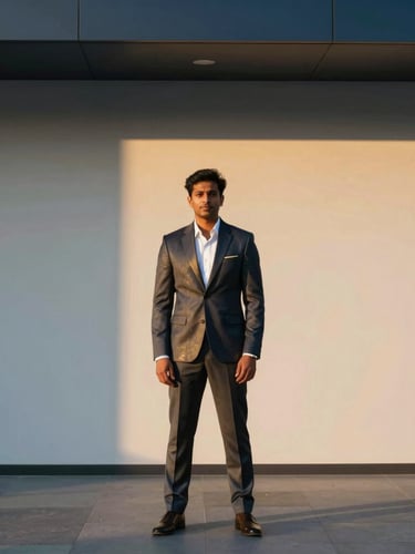 Professional portrait of Anshu John in a modern corporate office, sharp suit, crisp lighting, subtle gold accents, looking confident and approachable, clean minimalist background.